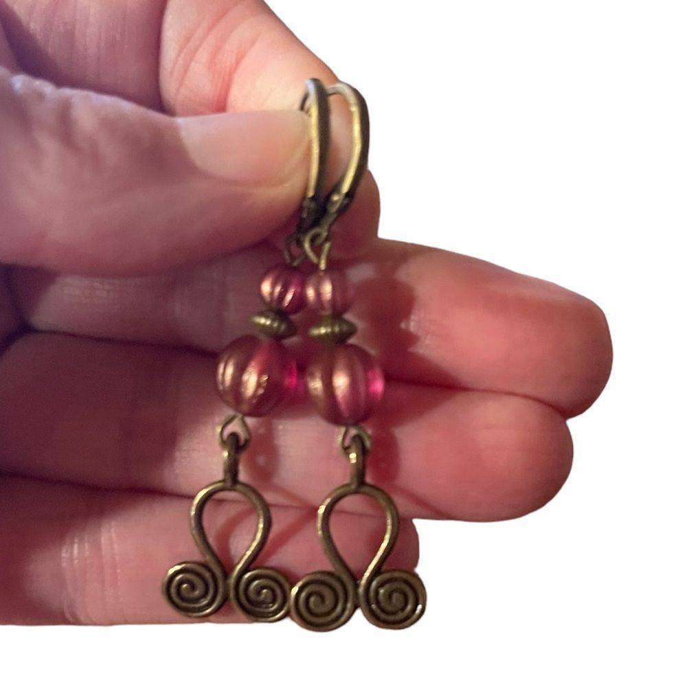 Hand Crafted Artisan Earrings Bronze Pink Earrings Boho Rustic Ethnic NEW # 166​
